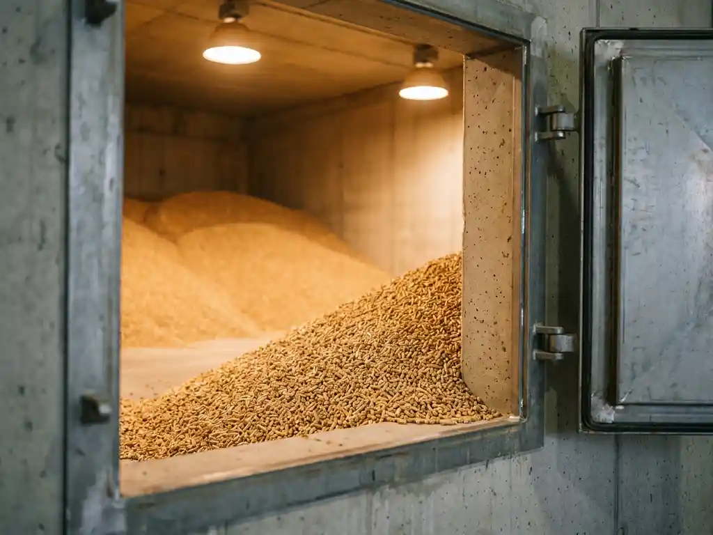 Goldbraune Holzpellets füllen einen sauberen Betonbunker mit geöffneter Inspektionsklappe in einem gewerblichen Pelletlager.