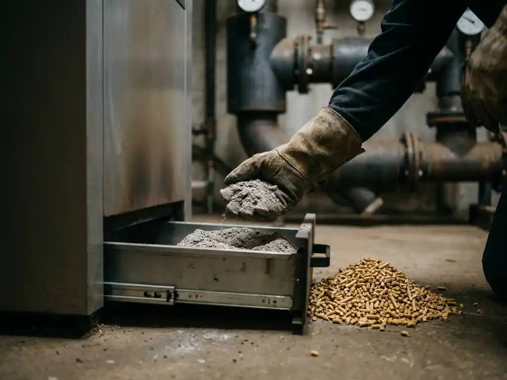 Behandschuhte Hand leert Aschelade eines Pelletheizungssystems, daneben kleine Häufchen Holzpellets auf Betonboden.