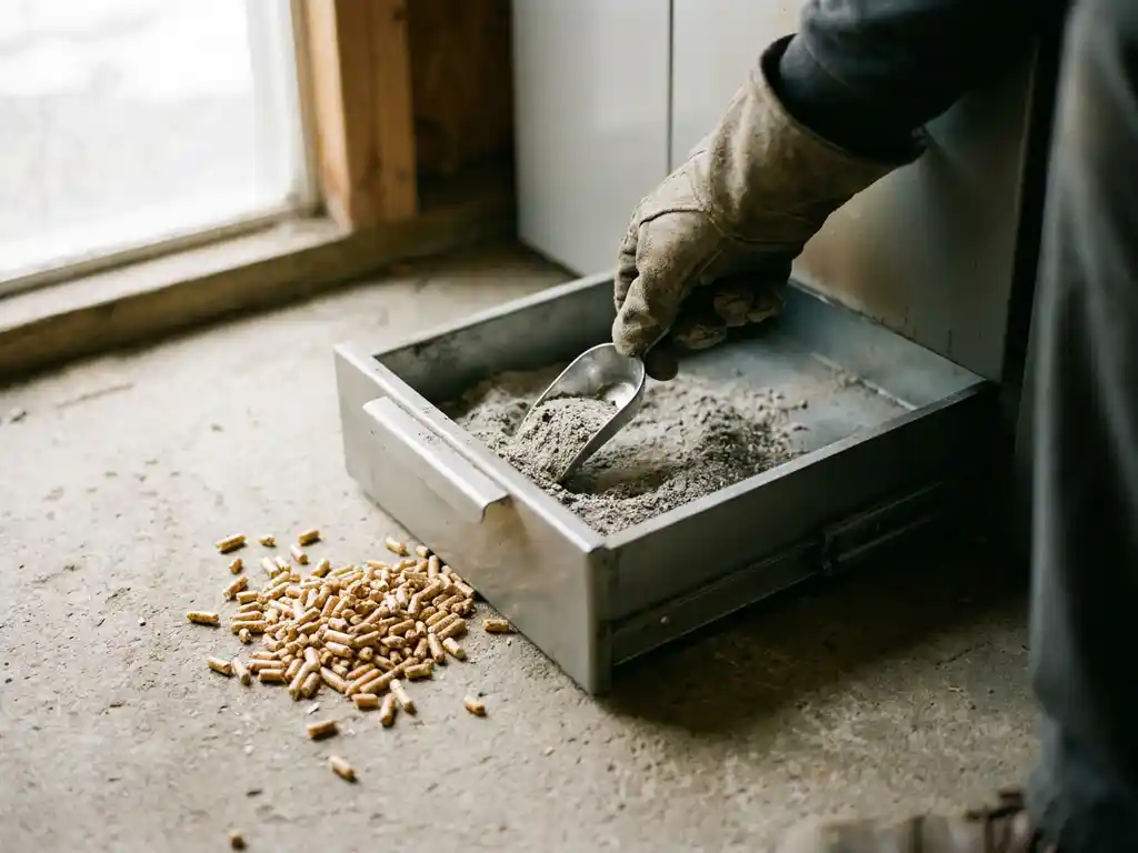 Behandschuhte Hand leert Aschelade einer Pelletheizung, daneben goldbraune Holzpellets auf Betonoberfläche.
