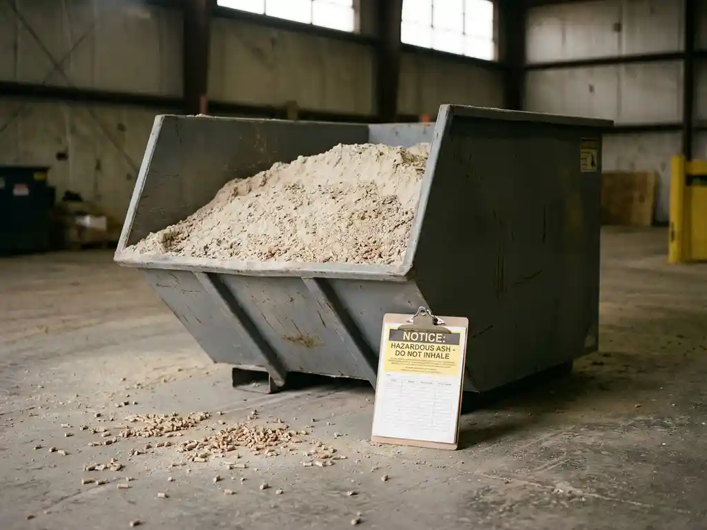 Grauer Industriebehälter mit heller Holzasche auf Betonboden, verstreute Holzpellets und Warnhinweis auf Klemmbrett daneben.