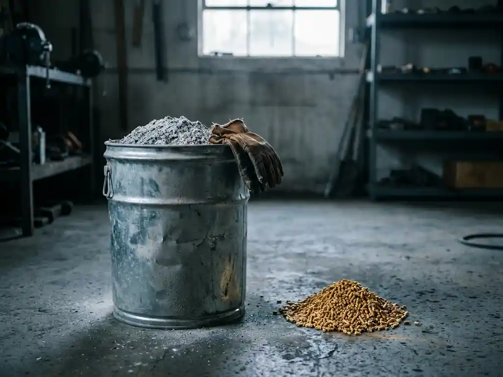 Metallbehälter mit hellgrauer Holzasche neben goldenen Holzpellets auf Betonboden, Arbeitshandschuh am Rand.