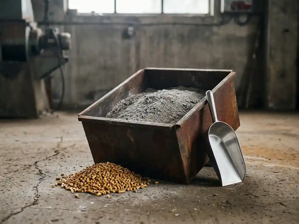 Verwitterter Stahlbehälter mit grauer Holzasche neben goldbraunen Holzpellets auf Betonboden, mit Metallschaufel.