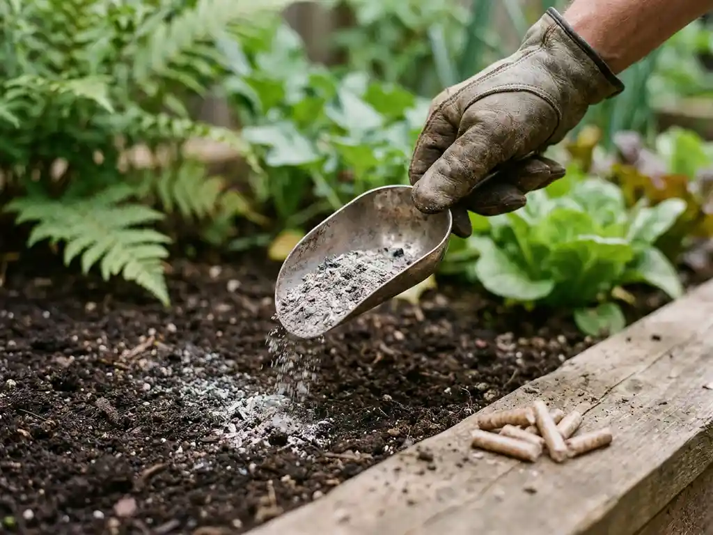 Behandschuhte Hand streut Holzasche aus einer Metallschaufel auf dunkle Gartenerde, daneben Holzpellets auf verwittertem Holz.