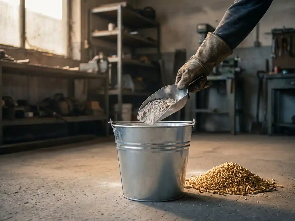 Behandschuhte Hand schöpft Holzasche aus Metallbehälter neben goldenen Holzpellets auf Betonboden einer Werkstatt.