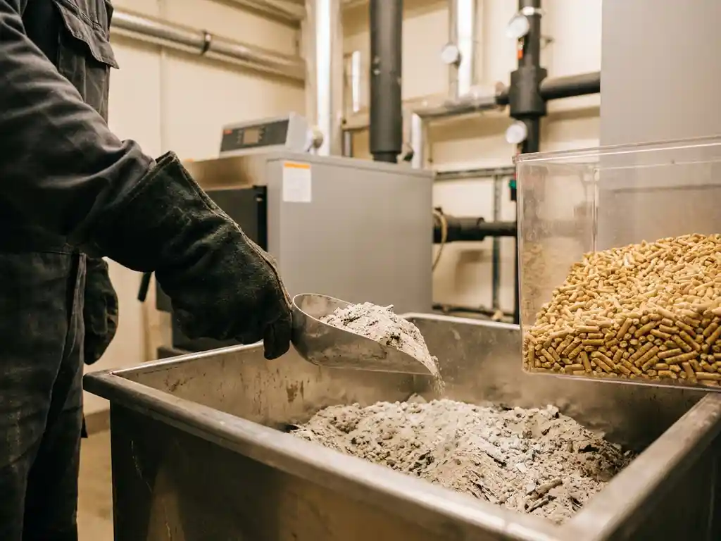 Behandschuhte Hand schöpft helle Holzasche aus Sammelbehälter neben Pelletheizung, Holzpellets im Hintergrund sichtbar.