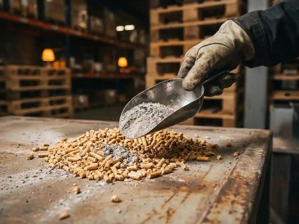 Behandschuhte Hand hält Stahlschaufel mit grauer Holzasche über goldbraunen Holzpellets auf verwitterter Industrieoberfläche.