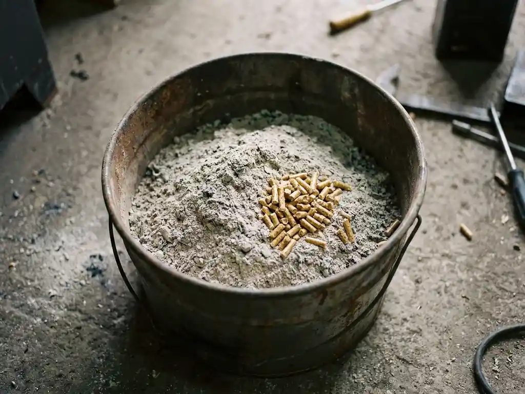 Holzasche in einem Metallbehälter mit goldbraunen Holzpellets auf der Oberfläche, auf einem Betonboden.