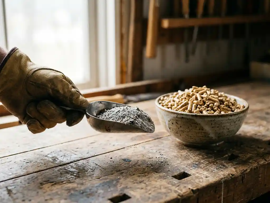 Behandschuhte Hand hält Metallschaufel mit grauer Holzasche neben Keramikschale mit Holzpellets auf verwittertem Werkstatttisch.