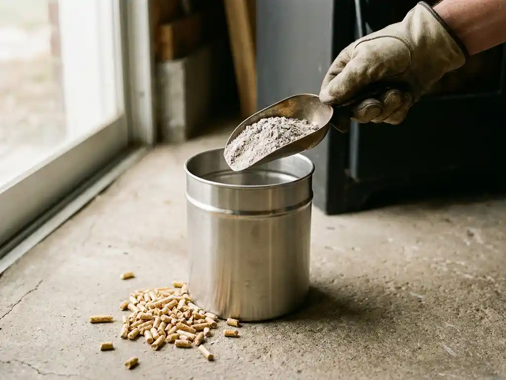 Behandschuhte Hand hält Metallschaufel mit feiner Holzasche über Stahlaschebehälter, daneben goldbraune Holzpellets auf Betonboden.