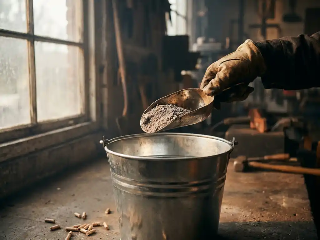Behandschuhte Hand mit Metallschaufel voller Holzasche über Stahlaschebehälter, Holzpellets auf Betonboden im Hintergrund.