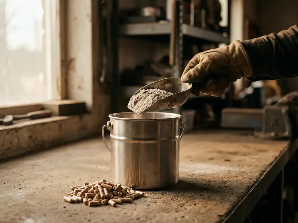 Behandschuhte Hand hält Metallschaufel mit feiner Holzasche über Stahlbehälter, Holzpellets auf Betonoberfläche daneben.