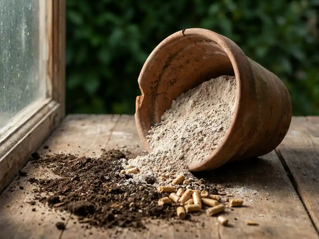 Verwitterter Terrakottatopf auf der Seite liegend, mit Holzasche auf dunkler Gartenerde und goldenen Holzpellets auf rustikalem Holzuntergrund.