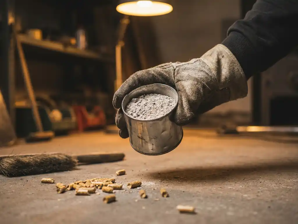 Behandschuhte Hand hält Metallbehälter mit grauer Holzpellet-Asche, daneben goldbraune Pellets auf Betonboden.