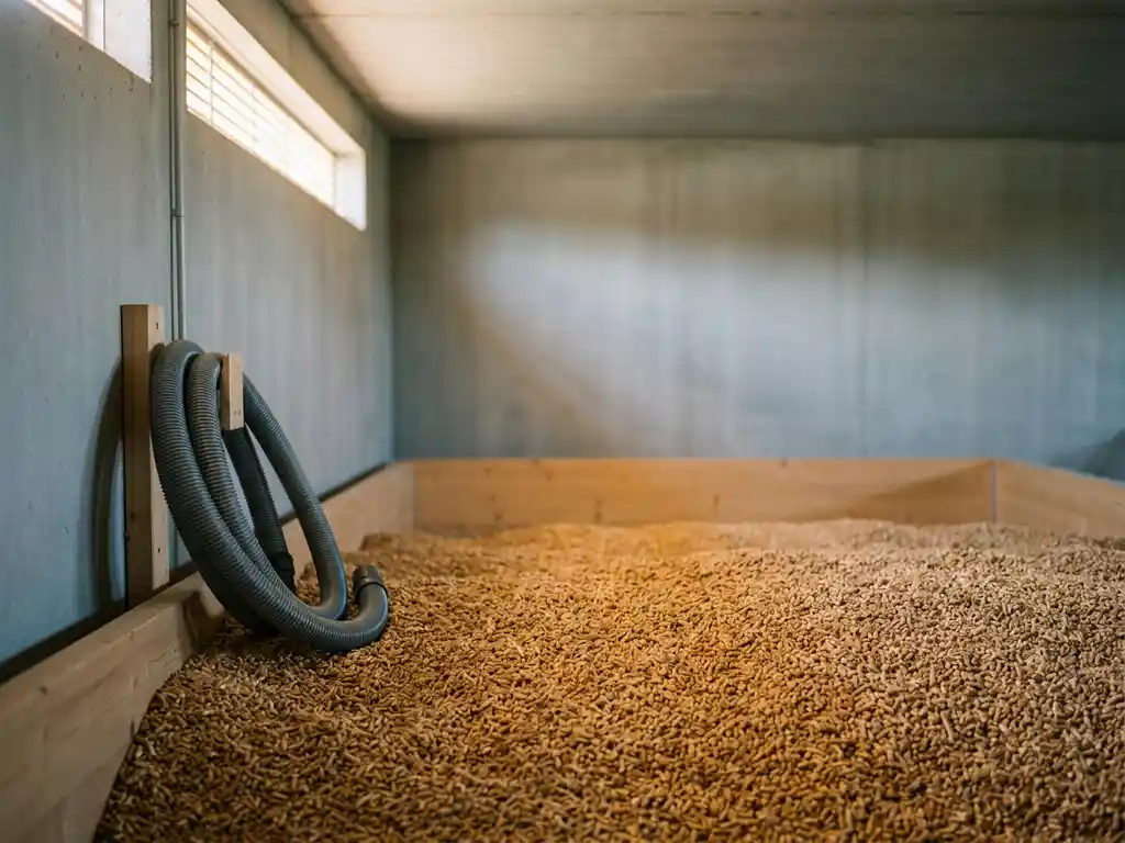 Holzpellet-Lagerraum aus Beton mit goldbraunen Pellets, Industriesaugschlauch an der Wand, natürliches Licht durch Lüftungsöffnung.