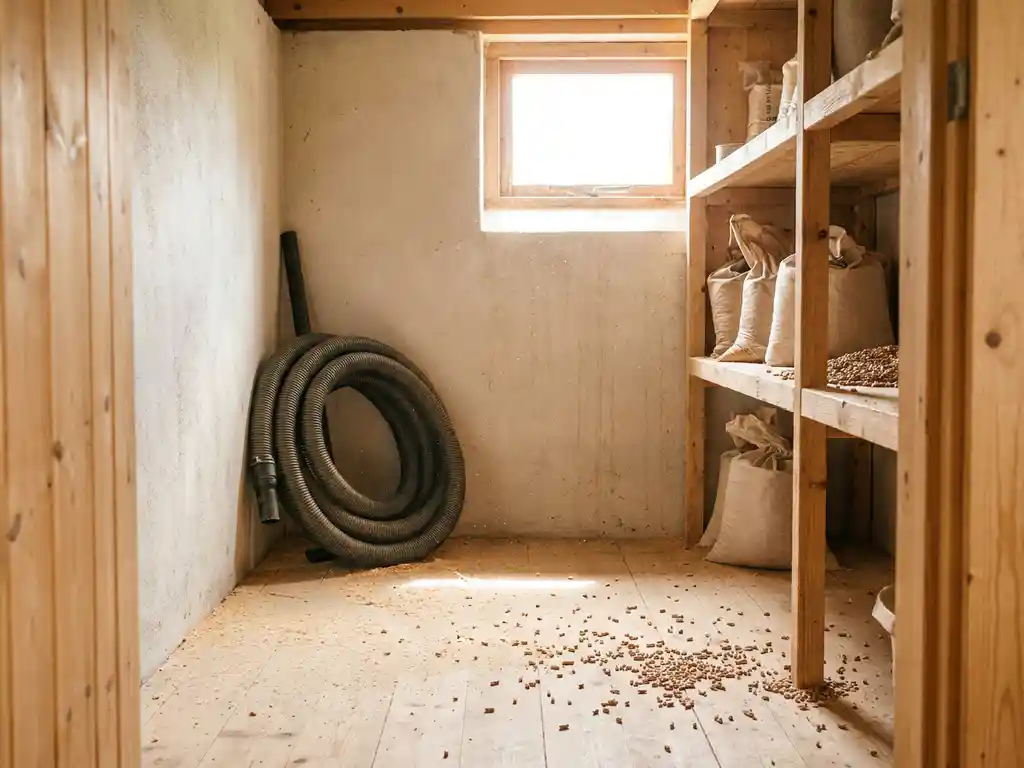 Holzpelletlager mit Staubschicht und Pelletresten auf dem Boden, Saugschlauch an heller Betonwand, warmes Tageslicht.