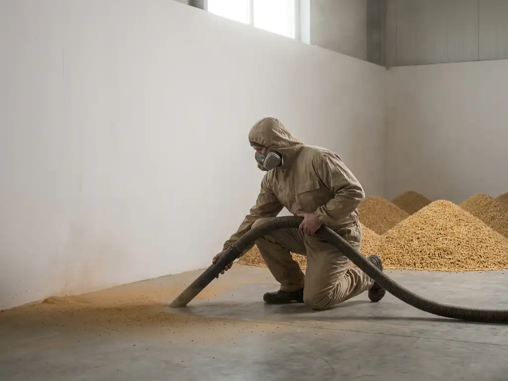 Arbeiter in Schutzoverall saugt Holzstaub aus Betonecken eines Pelletlagers, goldene Holzpellets an weißer Wand gestapelt.