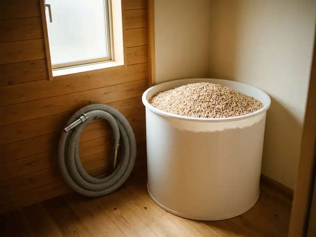 Holzpellets in weißem Lagersilobehälter mit pneumatischem Saugschlauch, natürliches Tageslicht, aufgeräumter Pelletlagerraum.