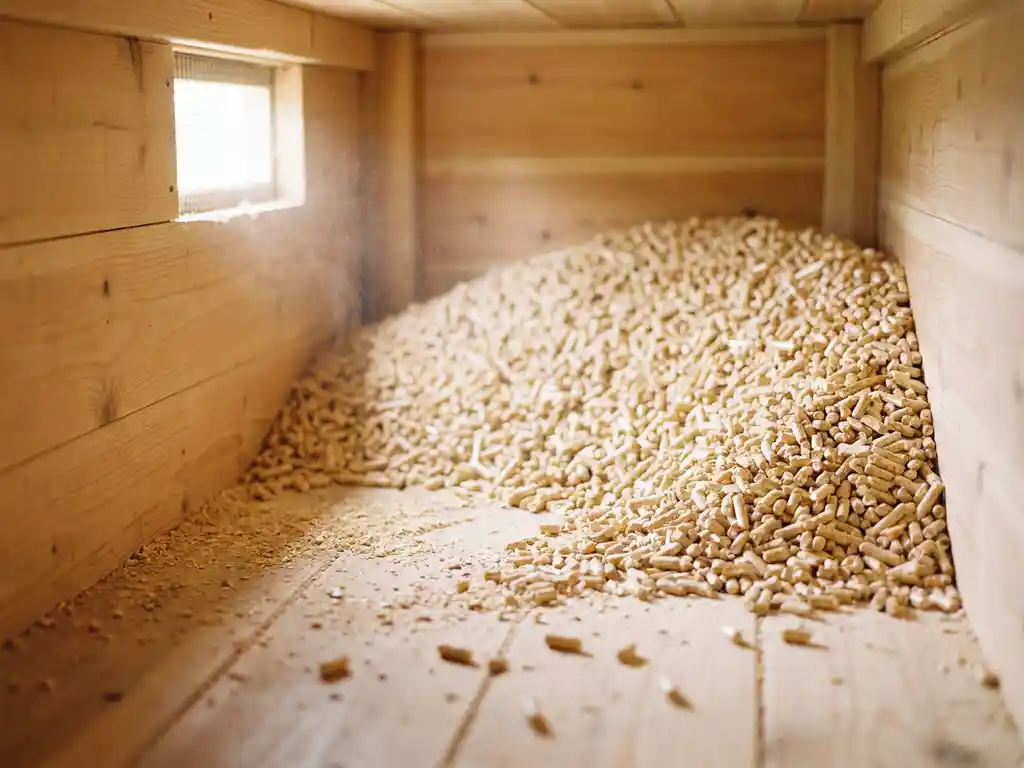Holzpelletlager mit feinem Staubbelag auf dem Boden, vereinzelten Pellets und warmem Tageslicht durch eine Lüftungsöffnung.