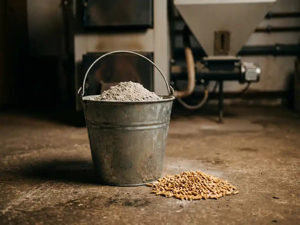 Metallbehälter mit hellgrauer Holzasche neben goldenen Holzpellets auf Betonboden, Pelletheizung im Hintergrund.