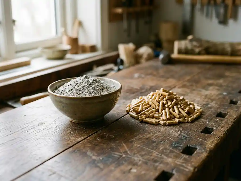 Keramikschale mit hellgrauer Holzasche neben ENplus-Holzpellets auf gealtertem Eichentisch im weichen Seitenlicht.