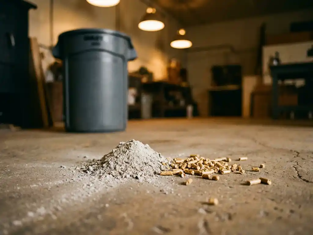 Hellgraue Pelletasche neben goldenen Holzpellets auf verwittertem Betonboden, grauer Abfallbehälter unscharf im Hintergrund.