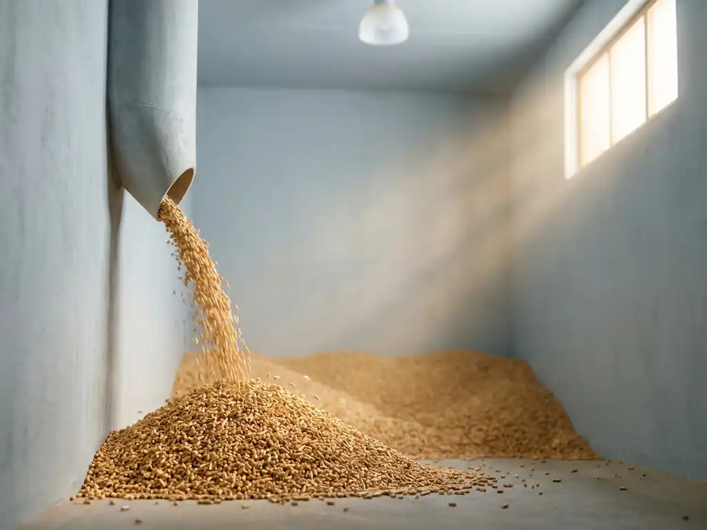 Goldbraune Holzpellets fließen aus einem Betonschacht in einen Industrielagerraum, beleuchtet von warmem Tageslicht.
