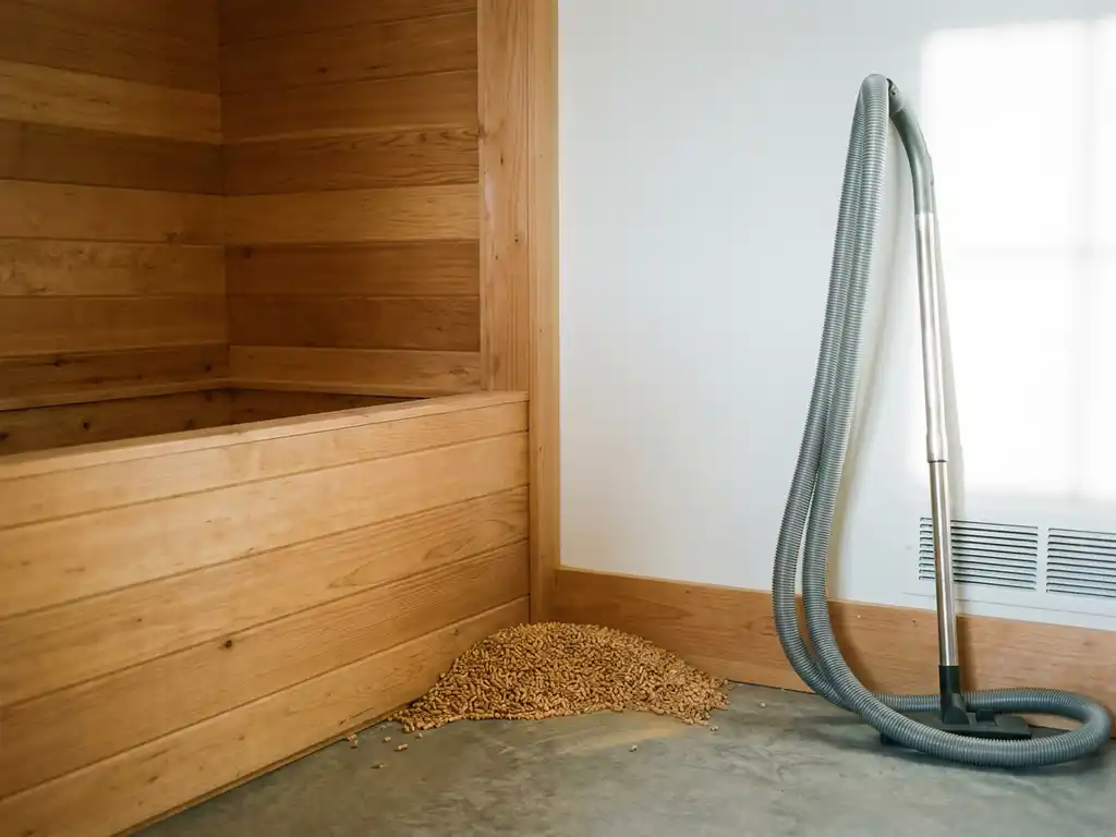 Holzpellets in einer Ecke eines sauberen Pelletlagers mit Staubsaugerschlauch an weißer Wand und Betonboden.