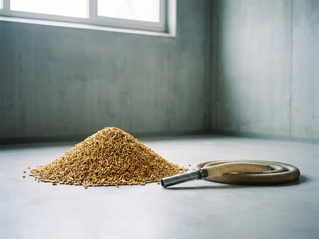 Goldbraune Holzpellets auf grauem Betonboden in einem Pelletlagerraum mit Absaugschlauch daneben.
