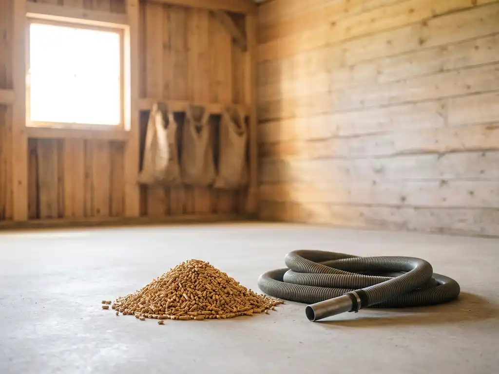 Kleine Holzpellets-Schüttung auf Betonboden in einem aufgeräumten Pelletlager mit Absaugschlauch und Tageslichtfenster.