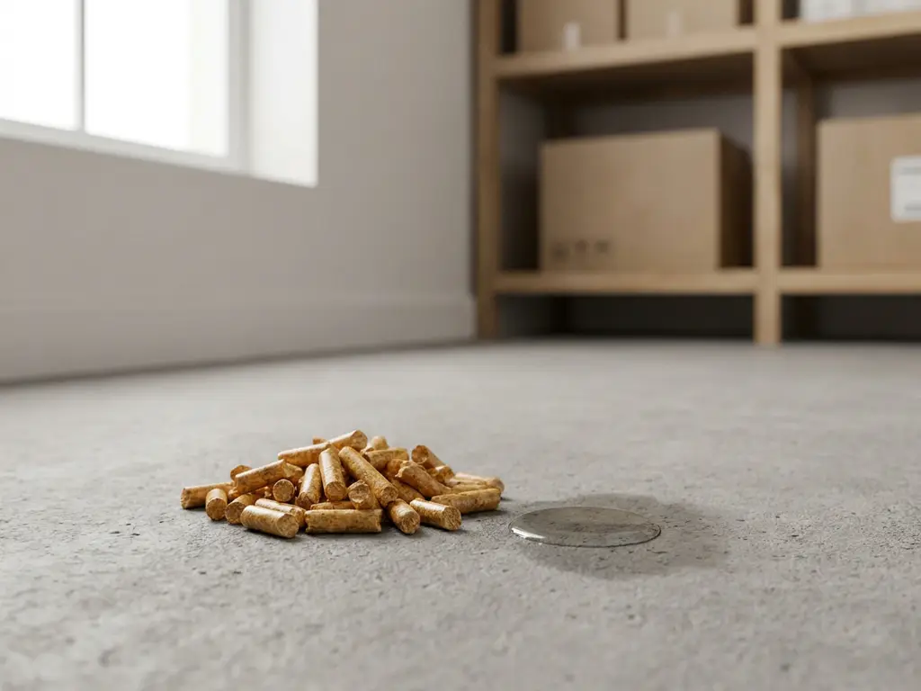 Holzpellets auf Betonboden neben einem Wassertropfen, der in die Oberfläche eindringt, natürliches Seitenlicht.