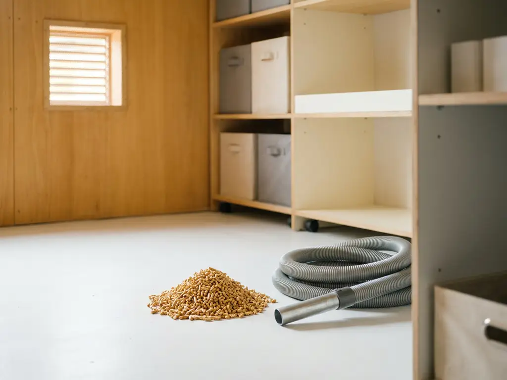 Kleine Restmenge goldbrauner Holzpellets auf weißem Boden eines Pelletlagerraums mit Absaugschlauch daneben.