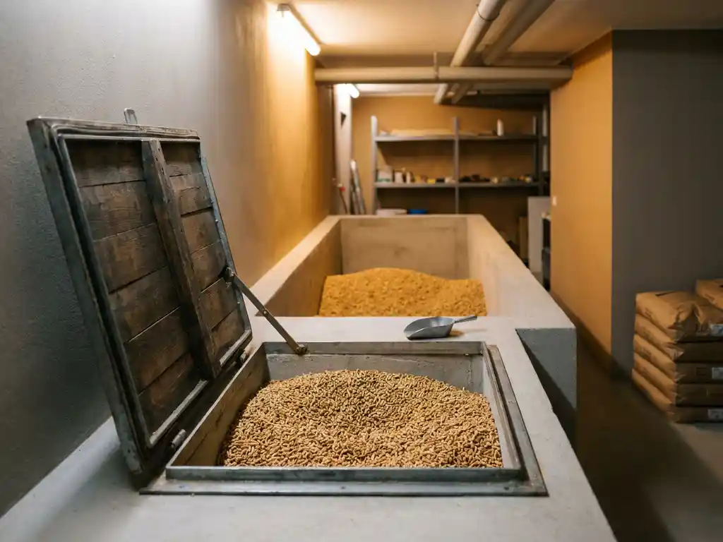 Holzpelletlager in einem Mehrfamilienhaus, halb gefüllter Betonbunker mit goldbraunen Pellets, geöffnete Inspektionsklappe im Vordergrund.