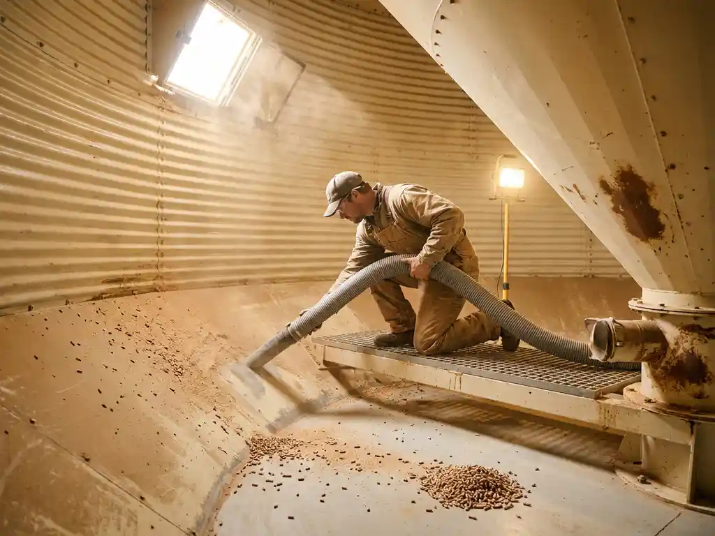 Techniker in Arbeitsoverall reinigt Holzpellet-Lagersilo mit Industriesauger, Holzstaub im warmen Licht sichtbar.