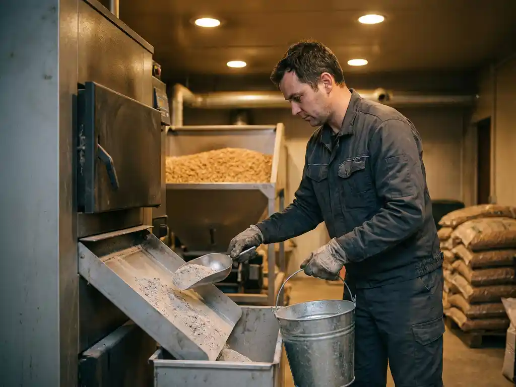 Hotelmitarbeiter in Uniform entleert graue Holzpelletasche aus modernem Pelletheizsystem in Metallbehälter im Heizraum.